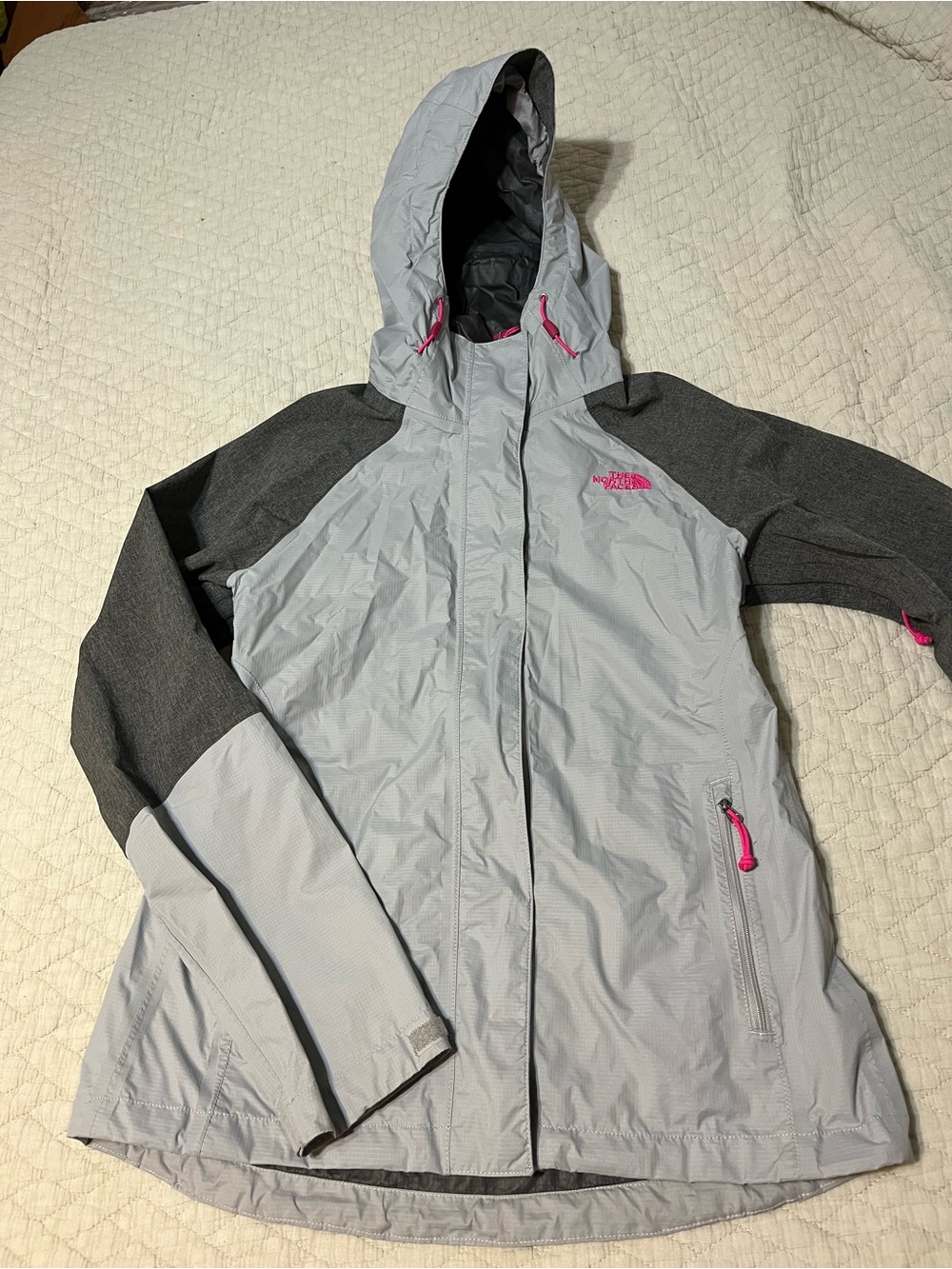 The North Face Gray Rain Jacket with Pink Logo. Small